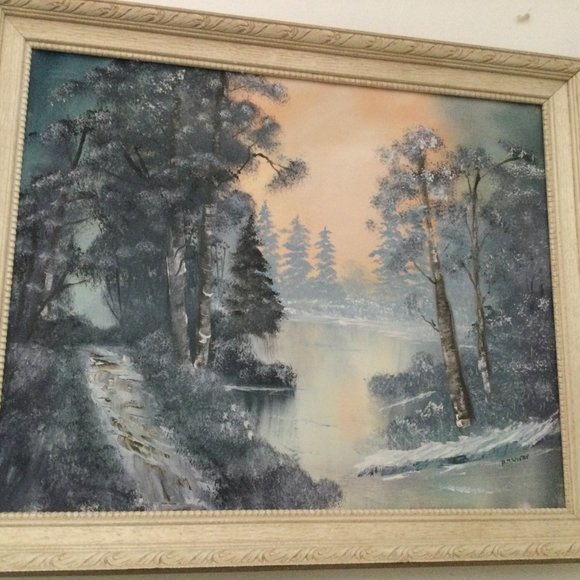 Original oil or acrylic painting canvas framed winter forest & lake snow signed - Picture 5 of 6